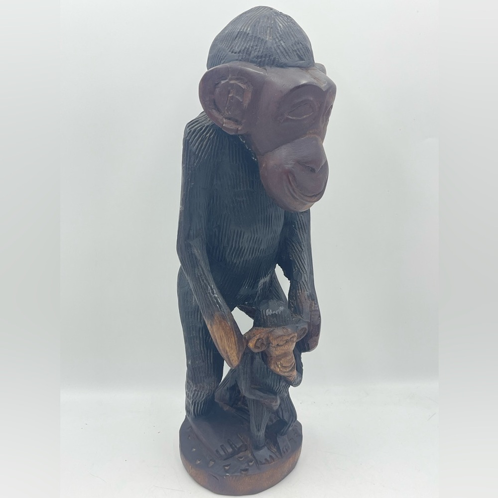 African Art:VTG Hand Carved Solid Wood Mother & Baby Monkey Chimpanzee Sculpture
